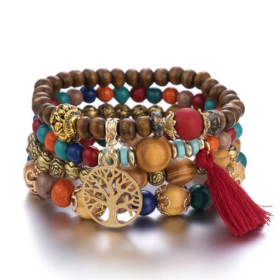 4Pcs Boho Bracelets for Women Wood Bracelet Multilayer Stackable Bracelets Tassel Bracelet Bohemian Stretch Wood Beaded Bracelets