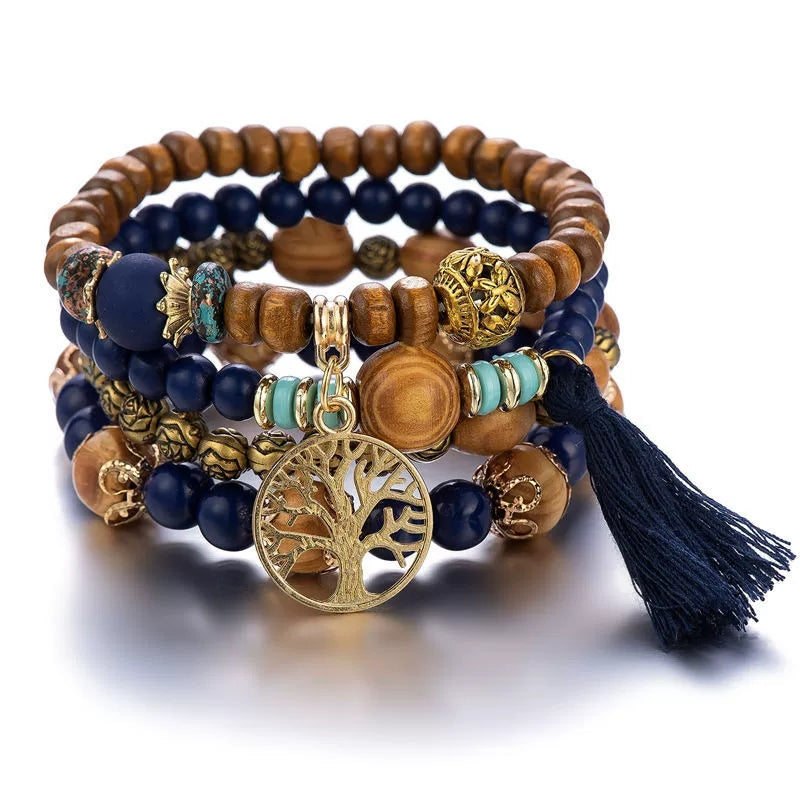 4Pcs Boho Bracelets for Women Wood Bracelet Multilayer Stackable Bracelets Tassel Bracelet Bohemian Stretch Wood Beaded Bracelets