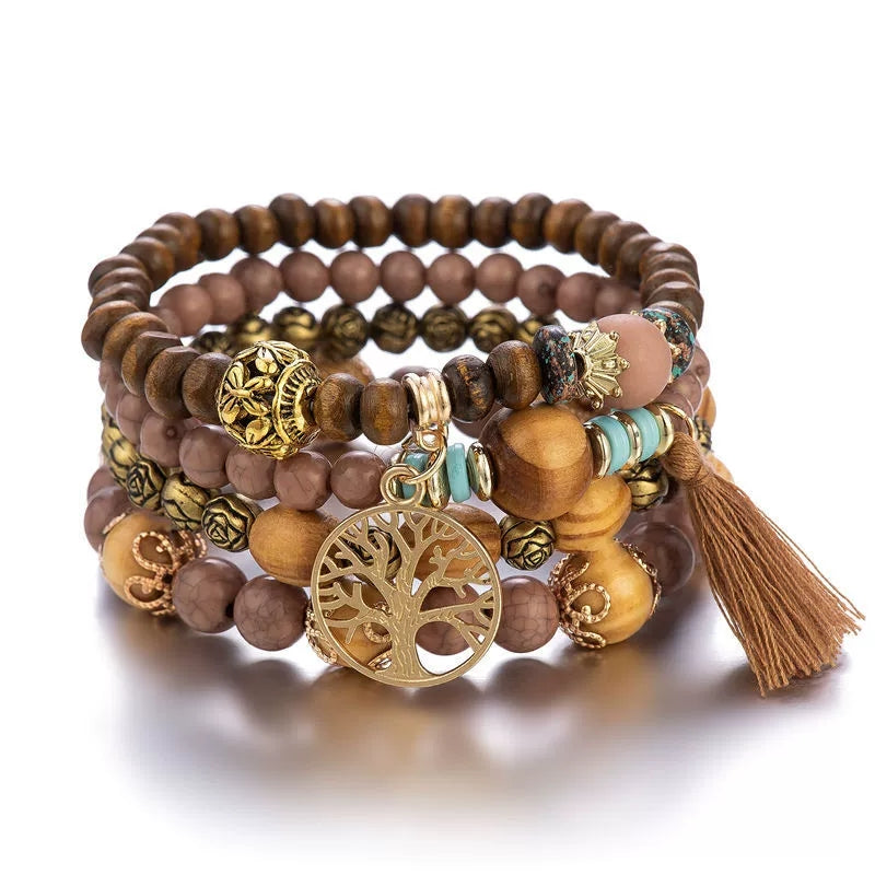 4Pcs Boho Bracelets for Women Wood Bracelet Multilayer Stackable Bracelets Tassel Bracelet Bohemian Stretch Wood Beaded Bracelets