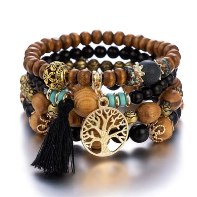 4Pcs Boho Bracelets for Women Wood Bracelet Multilayer Stackable Bracelets Tassel Bracelet Bohemian Stretch Wood Beaded Bracelets