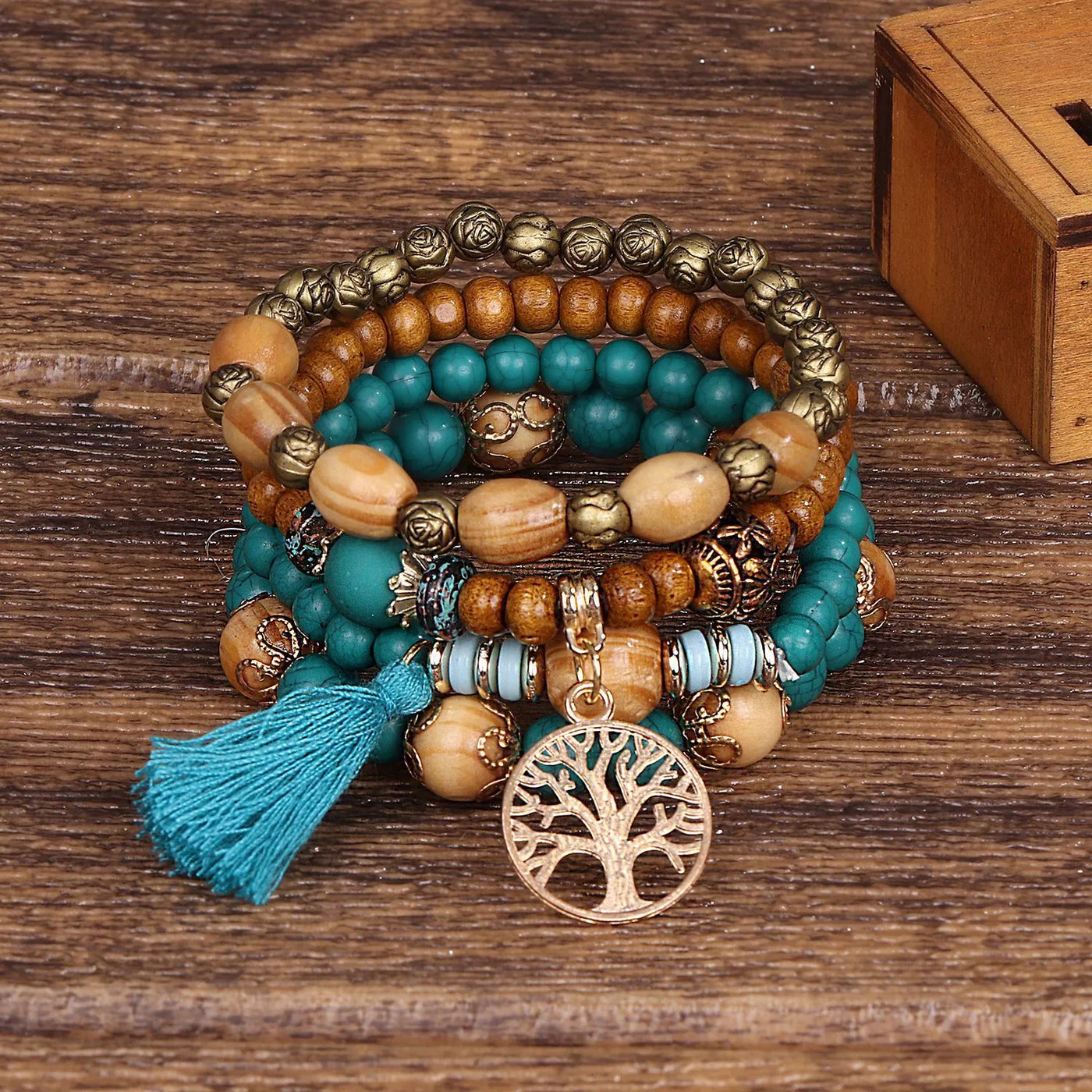 4Pcs Boho Bracelets for Women Wood Bracelet Multilayer Stackable Bracelets Tassel Bracelet Bohemian Stretch Wood Beaded Bracelets