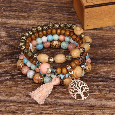 4Pcs Boho Bracelets for Women Wood Bracelet Multilayer Stackable Bracelets Tassel Bracelet Bohemian Stretch Wood Beaded Bracelets