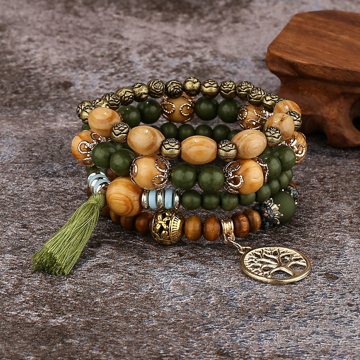 4Pcs Boho Bracelets for Women Wood Bracelet Multilayer Stackable Bracelets Tassel Bracelet Bohemian Stretch Wood Beaded Bracelets