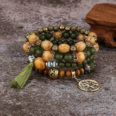 4Pcs Boho Bracelets for Women Wood Bracelet Multilayer Stackable Bracelets Tassel Bracelet Bohemian Stretch Wood Beaded Bracelets