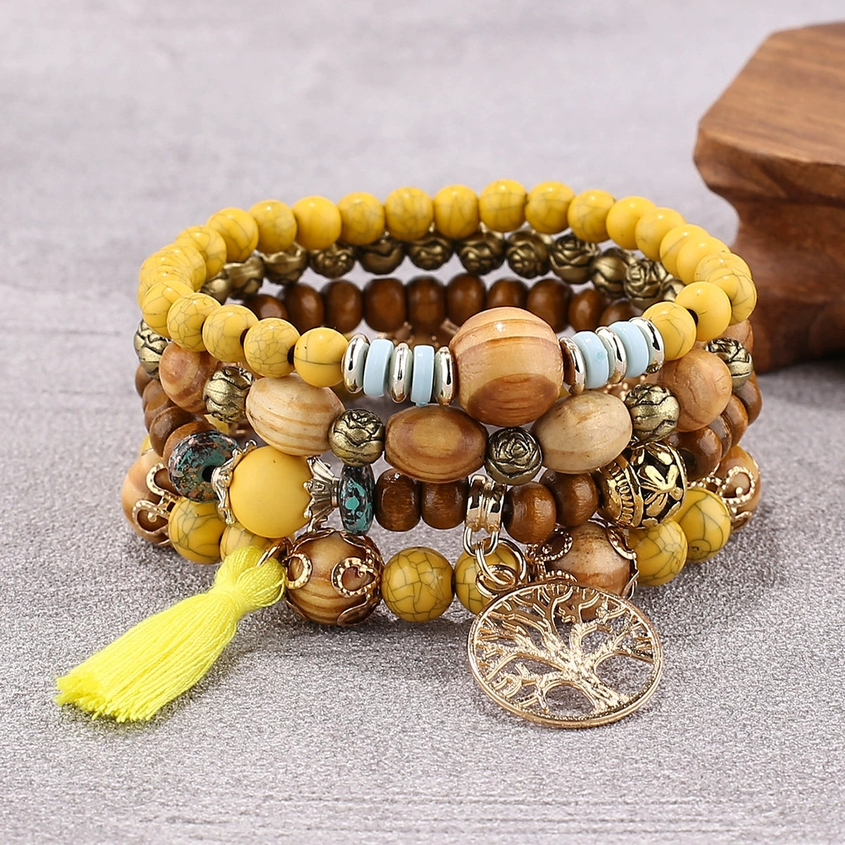 4Pcs Boho Bracelets for Women Wood Bracelet Multilayer Stackable Bracelets Tassel Bracelet Bohemian Stretch Wood Beaded Bracelets