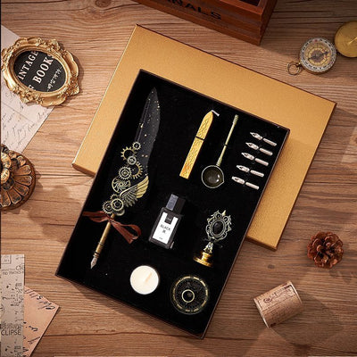 Retro Feather Pen Gift Box Mechanical Gears Steampunk Dipping Water Cthulhu Feather Pen Set(without ink)