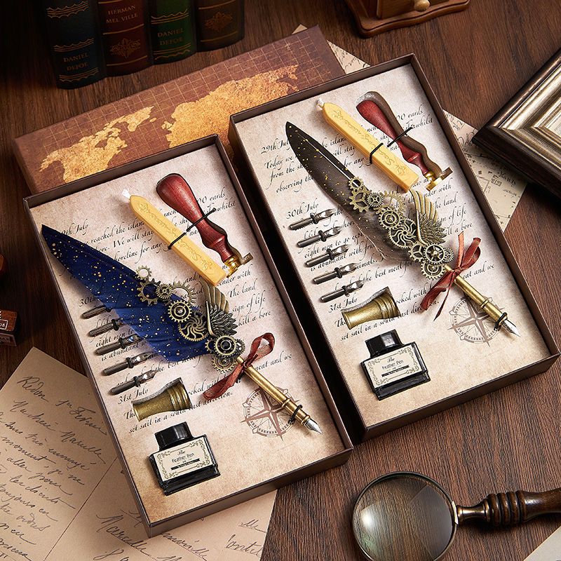 Retro Feather Pen Gift Box Mechanical Gears Steampunk Dipping Water Cthulhu Feather Pen Set(without ink)