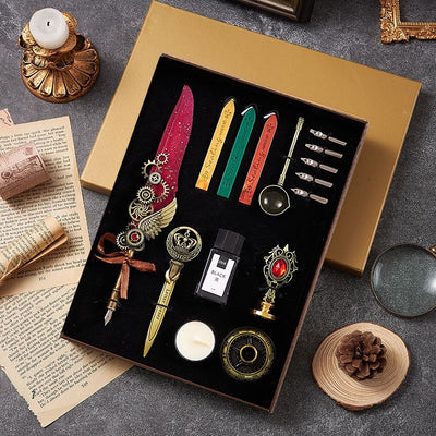 Retro Feather Pen Gift Box Mechanical Gears Steampunk Dipping Water Cthulhu Feather Pen Set(without ink)