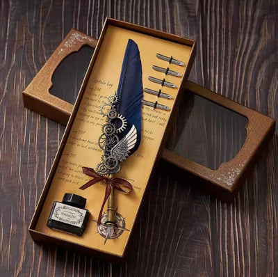 Retro Feather Pen Gift Box Mechanical Gears Steampunk Dipping Water Cthulhu Feather Pen Set(without ink)