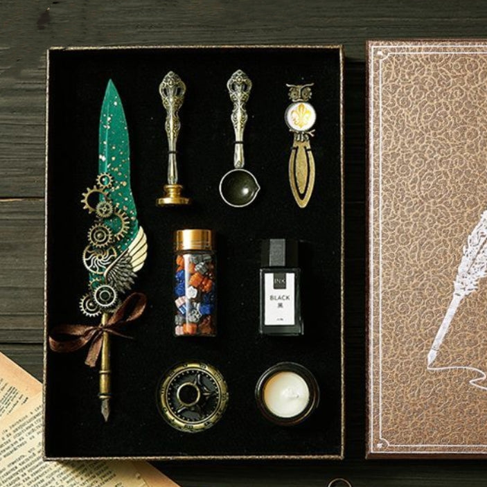 Retro Feather Pen Gift Box Mechanical Gears Steampunk Dipping Water Cthulhu Feather Pen Set(without ink)