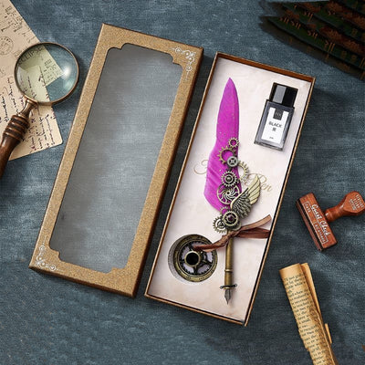 Retro Feather Pen Gift Box Mechanical Gears Steampunk Dipping Water Cthulhu Feather Pen Set(without ink)