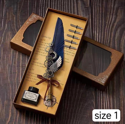 Retro Feather Pen Gift Box Mechanical Gears Steampunk Dipping Water Cthulhu Feather Pen Set(without ink)