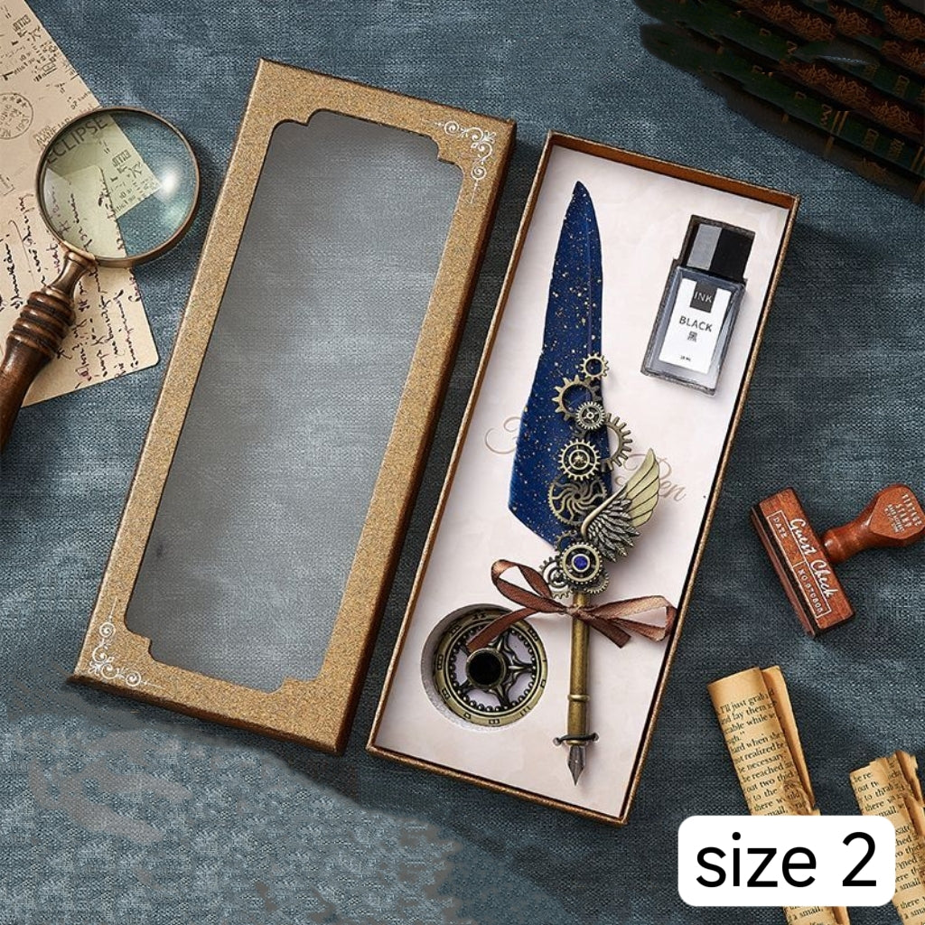 Retro Feather Pen Gift Box Mechanical Gears Steampunk Dipping Water Cthulhu Feather Pen Set(without ink)