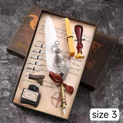 Retro Feather Pen Gift Box Mechanical Gears Steampunk Dipping Water Cthulhu Feather Pen Set(without ink)