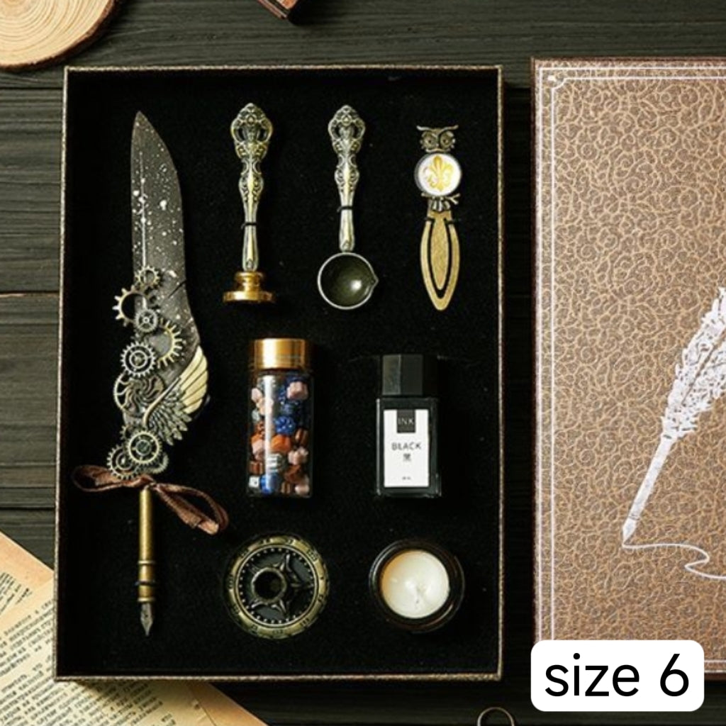 Retro Feather Pen Gift Box Mechanical Gears Steampunk Dipping Water Cthulhu Feather Pen Set(without ink)