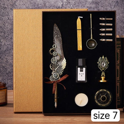 Retro Feather Pen Gift Box Mechanical Gears Steampunk Dipping Water Cthulhu Feather Pen Set(without ink)