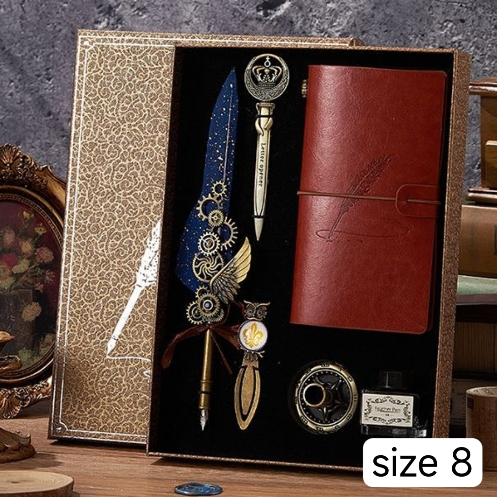 Retro Feather Pen Gift Box Mechanical Gears Steampunk Dipping Water Cthulhu Feather Pen Set(without ink)