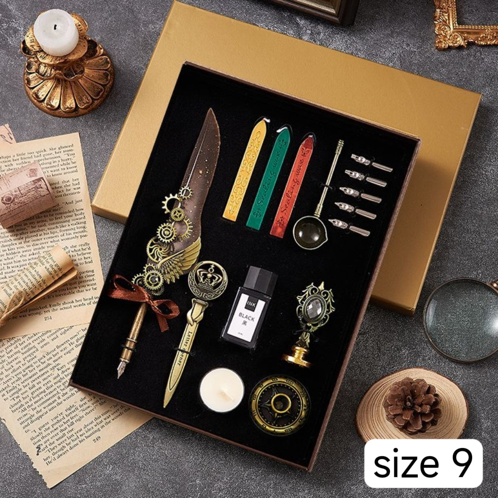 Retro Feather Pen Gift Box Mechanical Gears Steampunk Dipping Water Cthulhu Feather Pen Set(without ink)