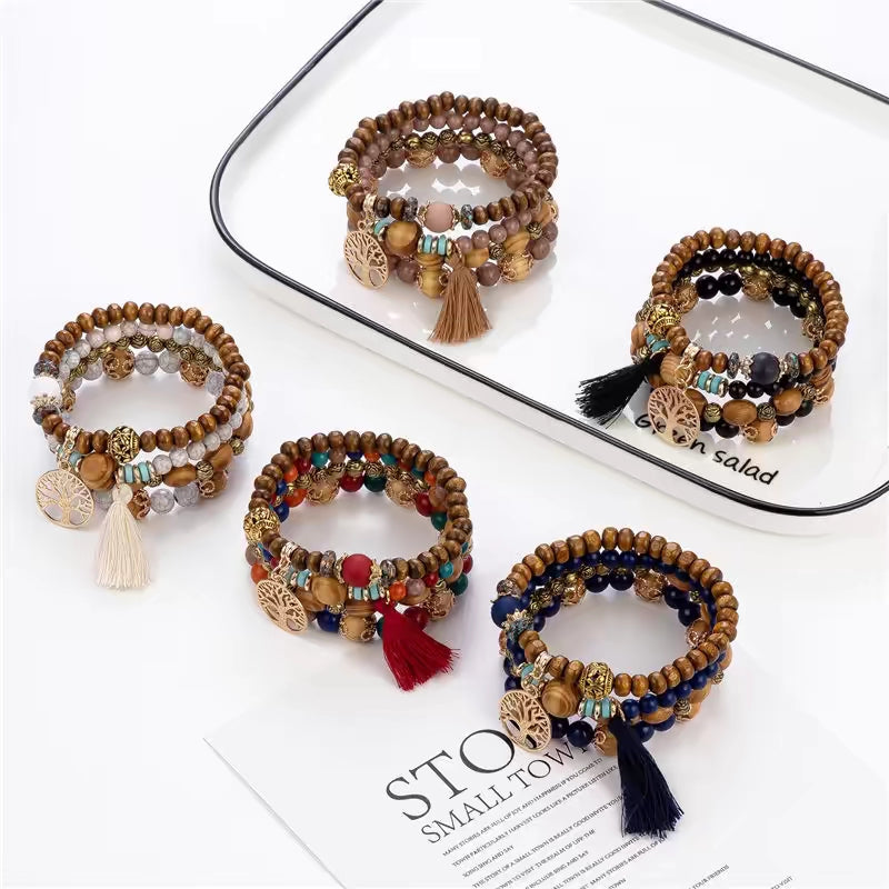 4Pcs Boho Bracelets for Women Wood Bracelet Multilayer Stackable Bracelets Tassel Bracelet Bohemian Stretch Wood Beaded Bracelets